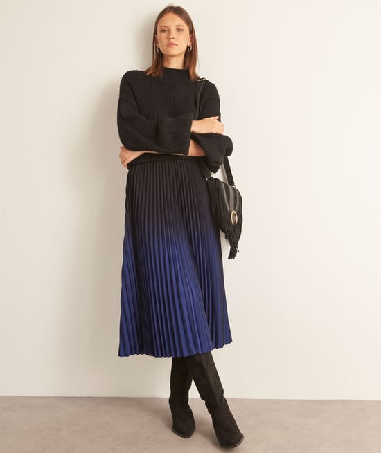 Jupe mi-longue pliss&eacute;e tie and dye marine Fatel;${refinementColor}