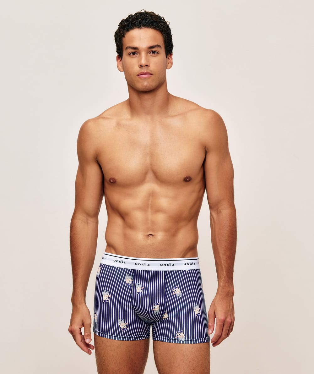 Striped cotton boxers with bear pattern;