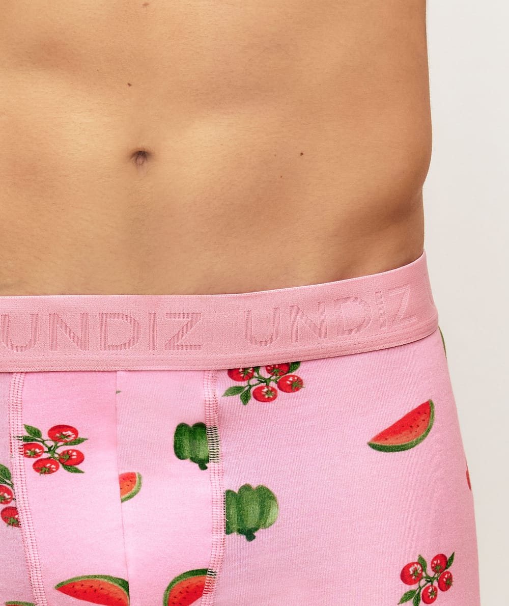 Pink cotton boxer with fruit patterns;