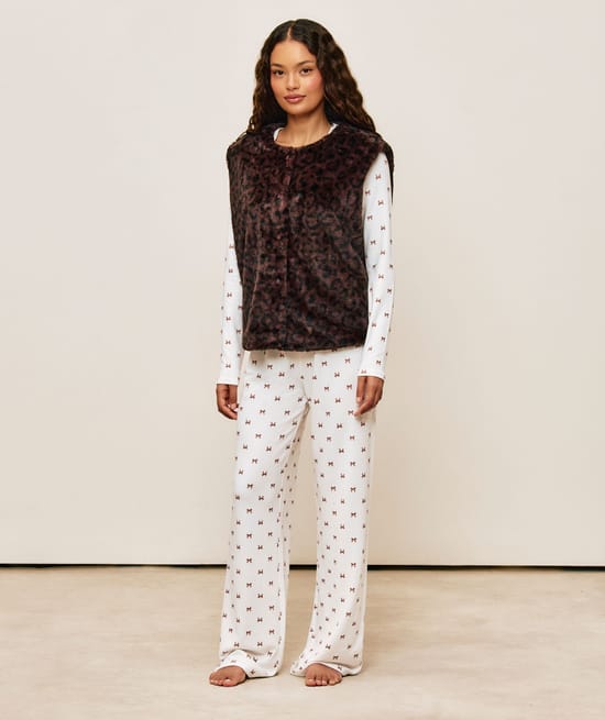 Sleeveless faux fur leopard print jacket;
