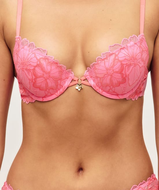 Lace floral push-up bra with flower jewel;