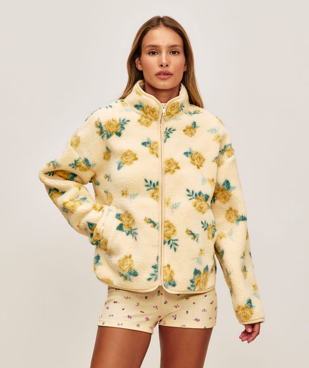 Floral fleece sherpa jacket;