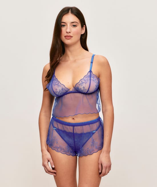 Mesh cami top with floral embroidery;