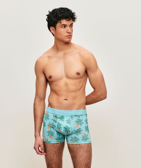 Microfiber boxer shorts with palm and banana patterns;