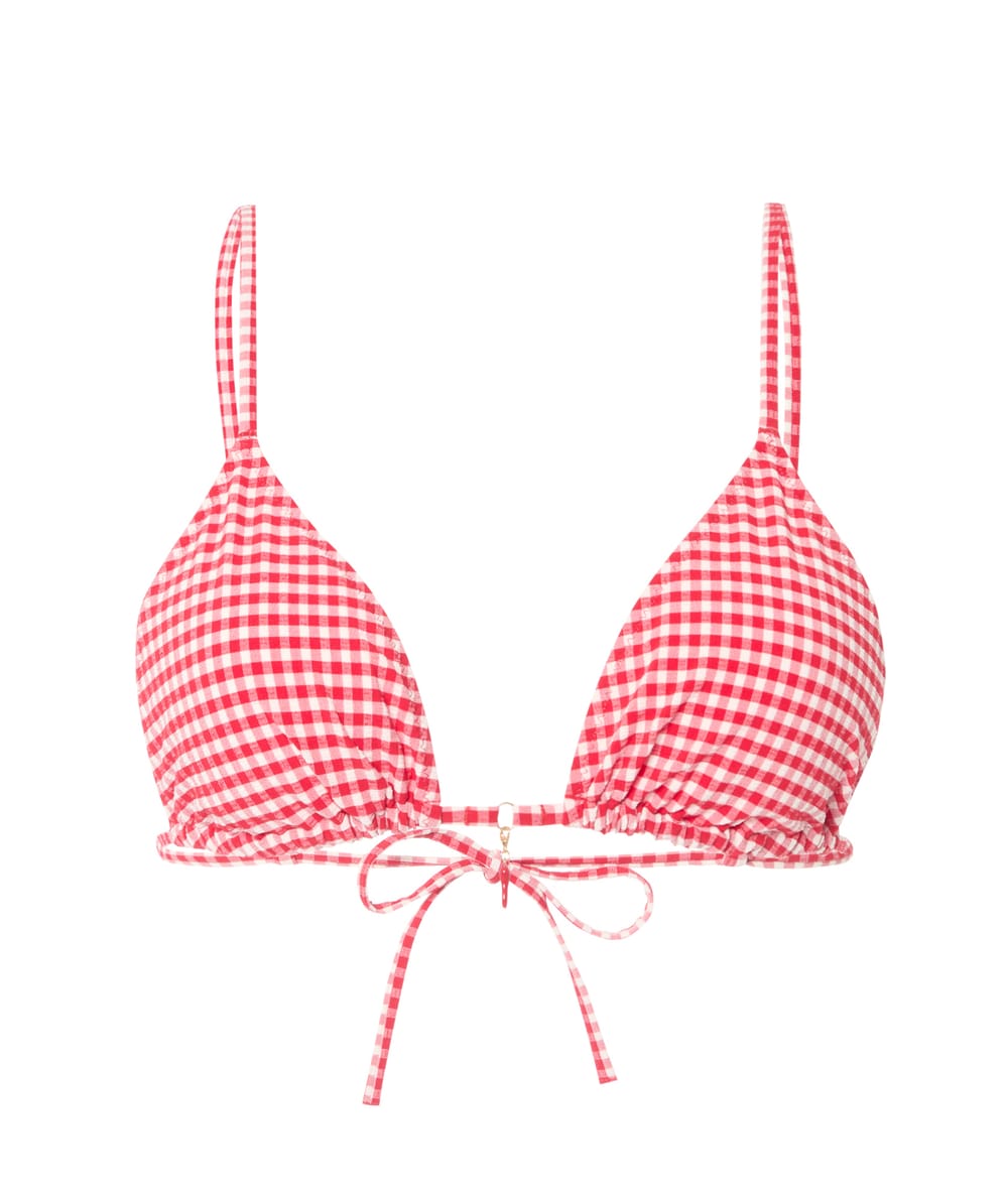 Triangle bikini top with textured gingham pattern and chili pendant;