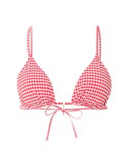 Triangle bikini top with textured gingham pattern and chili pendant;
