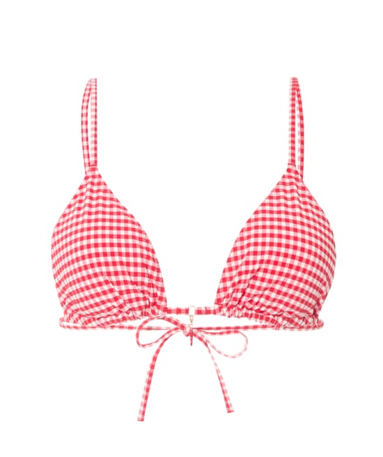 Triangle bikini top with textured gingham pattern and chili pendant;