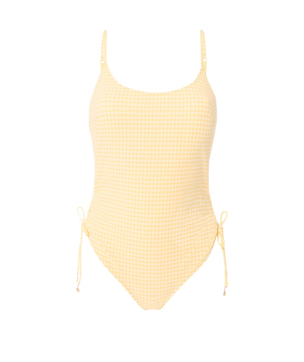 One-piece swimsuit with waffle check pattern and sun jewels;