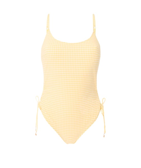 One-piece swimsuit with waffle check pattern and sun jewels;