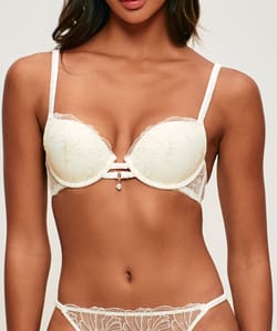 Mesh push-up bra with floral embroidery and pearl pendant;
