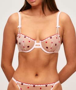 Bralette in mesh embroidered with heart and ladybug patterns;