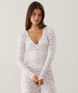 Overslag T-shirt in pointelle met bloemenprint;