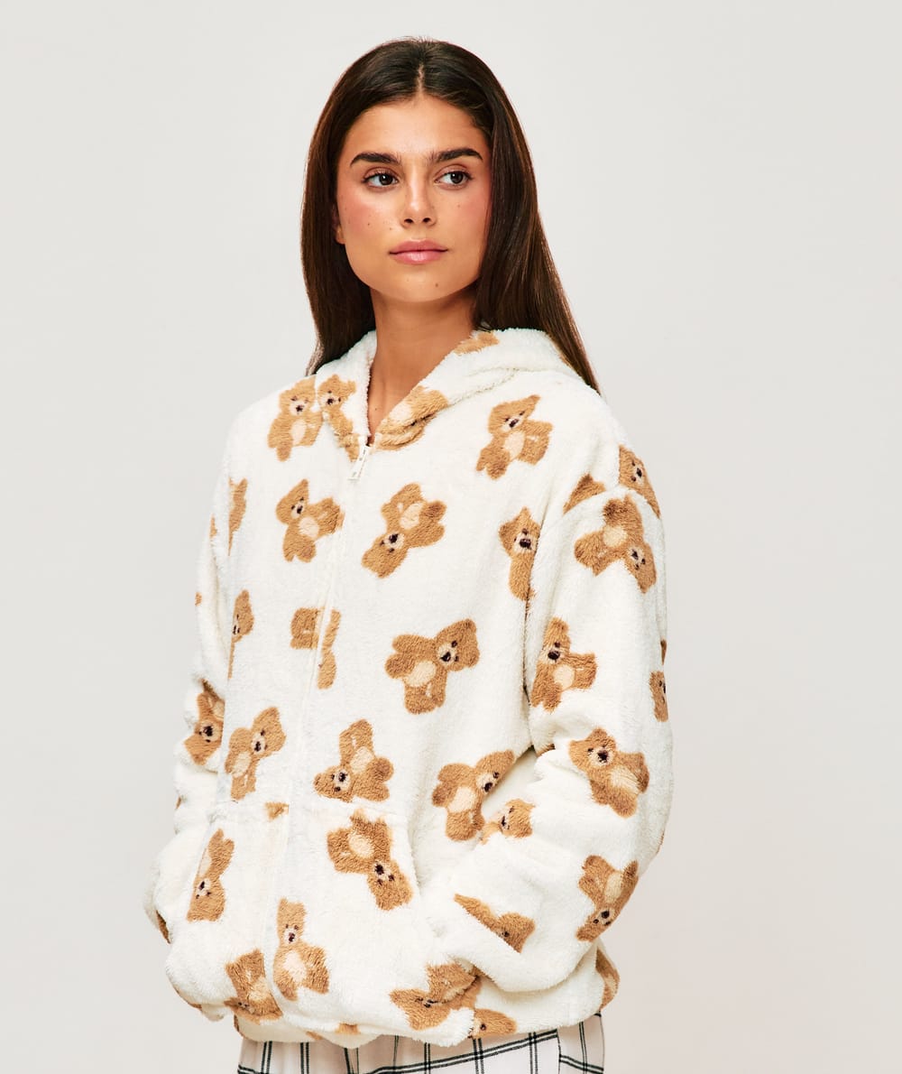 Veste polaire &agrave; capuche imprim&eacute; oursons;