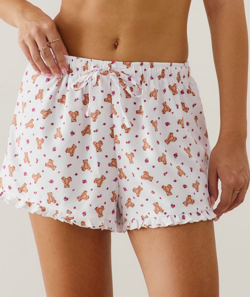 Flannel shorts with teddy bear print;