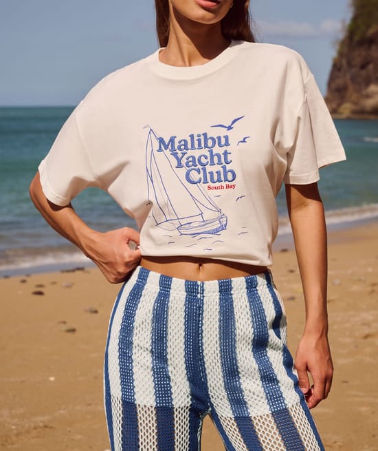 Oversized cotton T-shirt printed and embroidered Malibu Yacht Club;