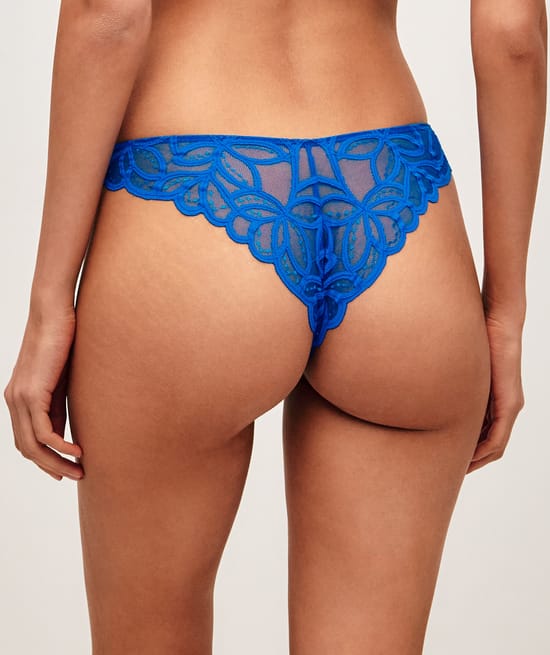 Mesh thong with floral embroidery;