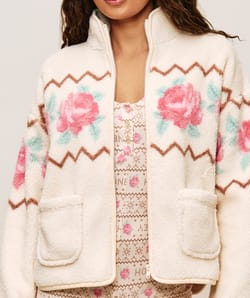 Floral patterned sherpa fleece jacket;