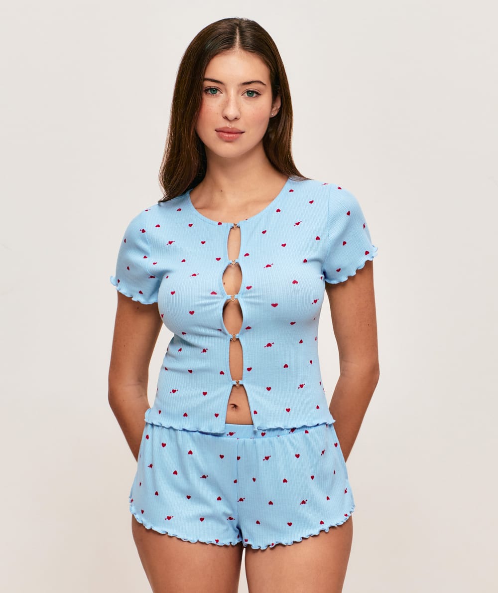 Short en jersey c&ocirc;tel&eacute; motifs c&oelig;urs;