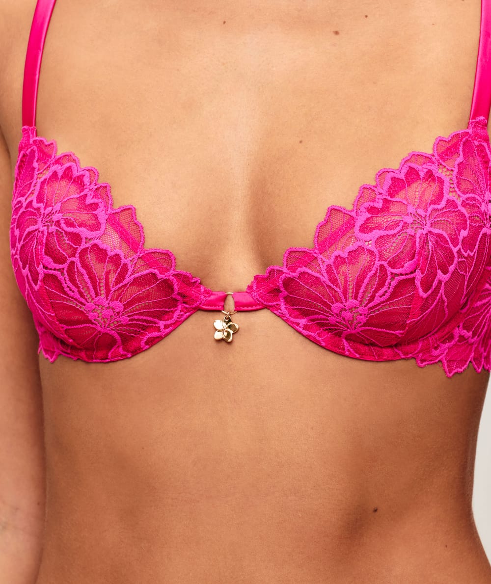 Lace balconette bra with floral embroidery and jewel detail;