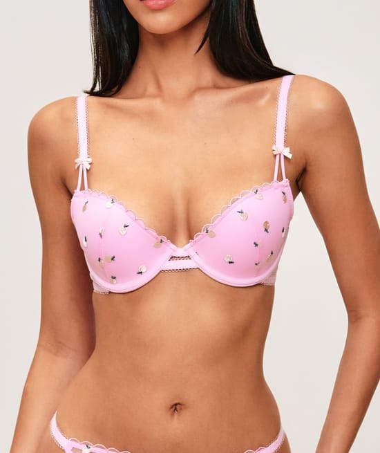Padded tulle bra with peach embroidery;