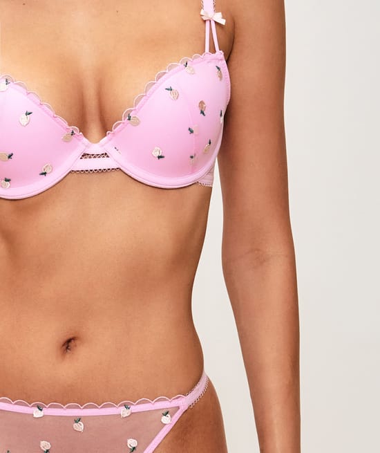 Padded tulle bra with peach embroidery;