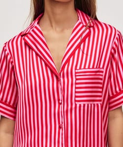 Short-sleeved striped satin shirt;