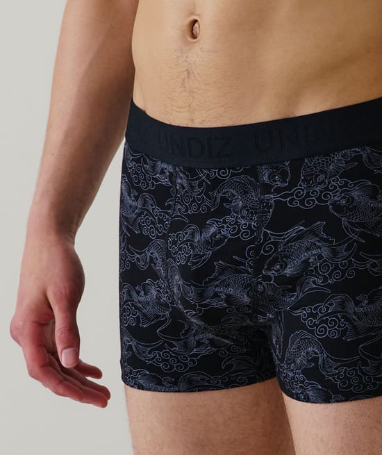 White patterned boxer shorts;