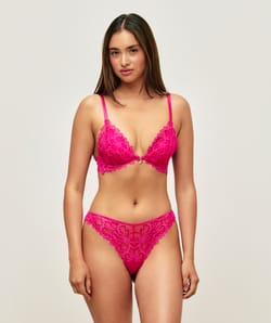 Lace triangle push-up bra with floral embroidery and jewel detail;