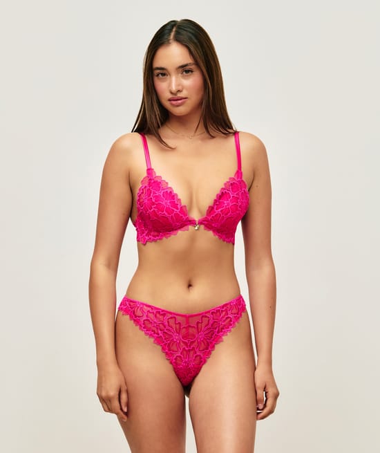 Lace triangle push-up bra with floral embroidery and jewel detail;