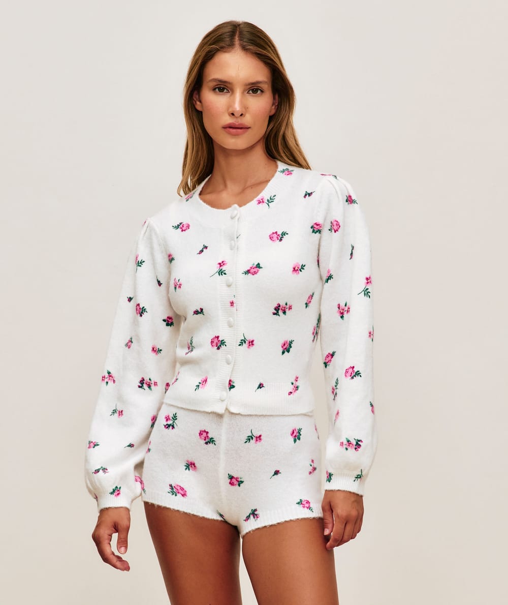 Cardigan manches longues en maille &agrave; fleurs;