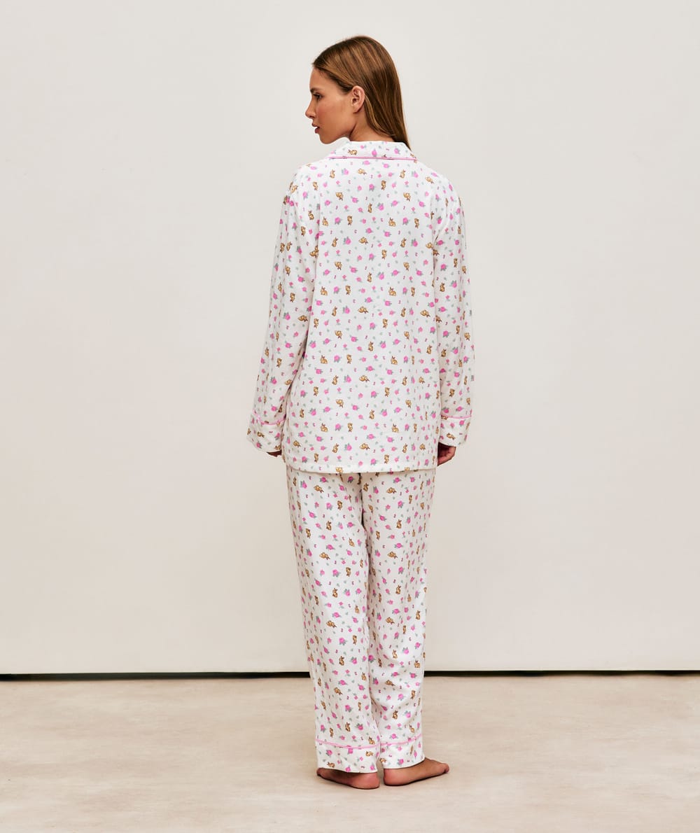 Flannel pants with a floral and rabbit print;