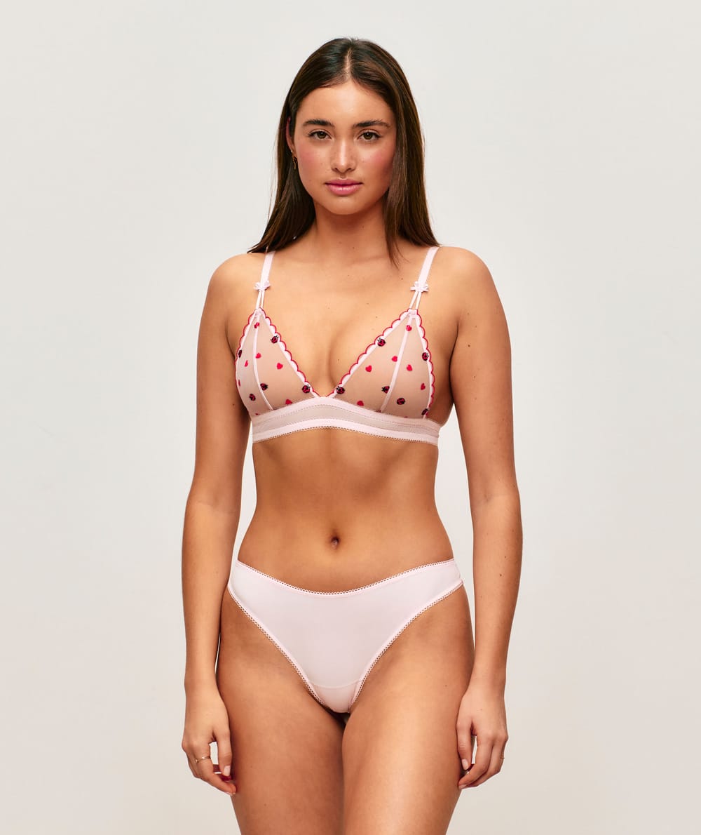 Microfiber and mesh thong with embroidered hearts and ladybugs;