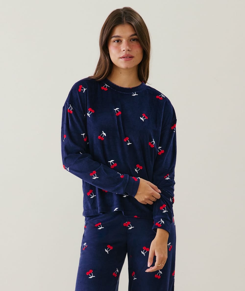 Cherry print velour pyjama set;