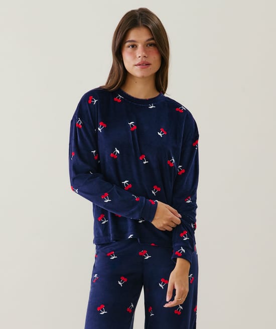 Cherry print velour pyjama set;