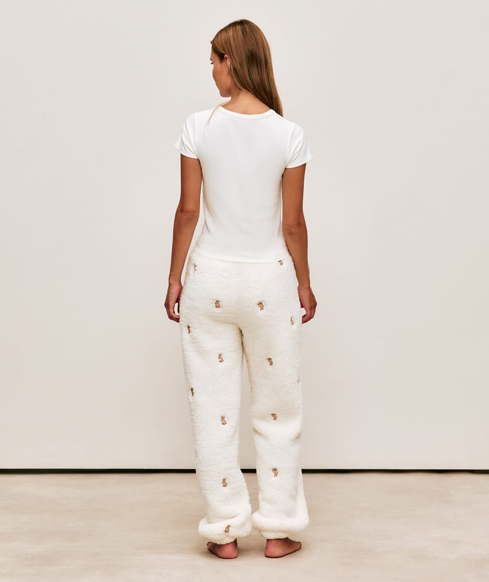Sherpa fleece pants with bunny embroidery;