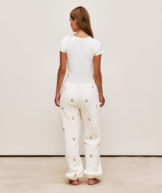 Sherpa fleece pants with bunny embroidery;