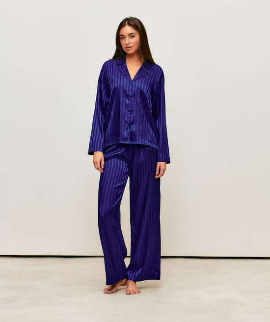 Pantalon large en satin &agrave; rayures;