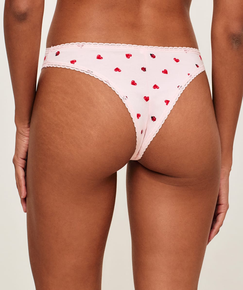Cotton thong with heart and ladybug patterns;