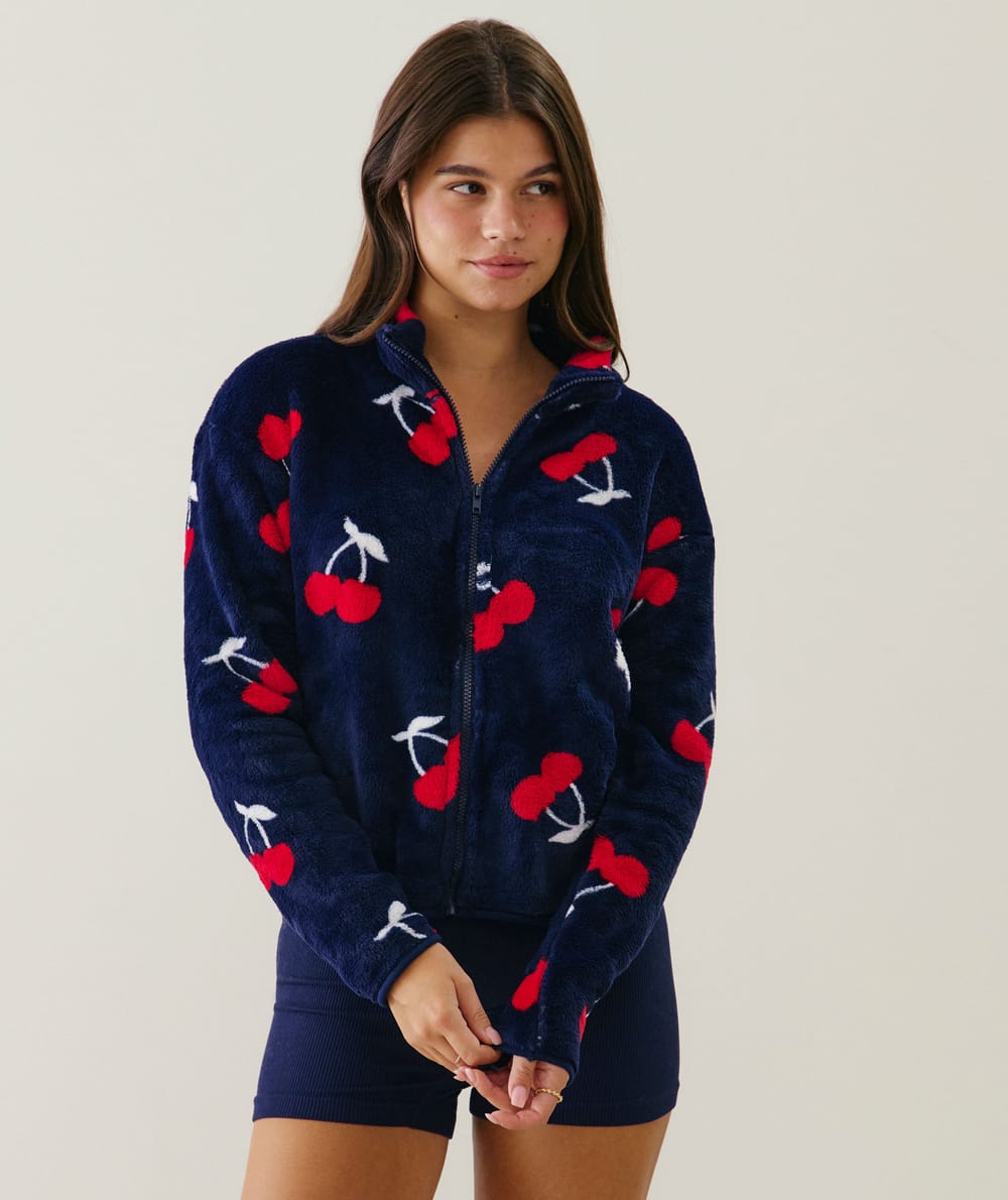 Cherry print fleece jacket;