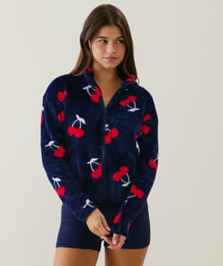 Cherry print fleece jacket;