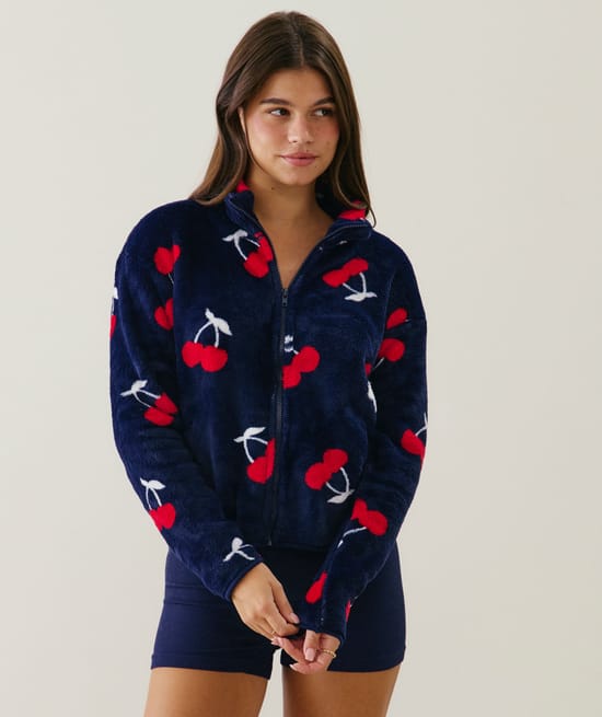 Cherry print fleece jacket;
