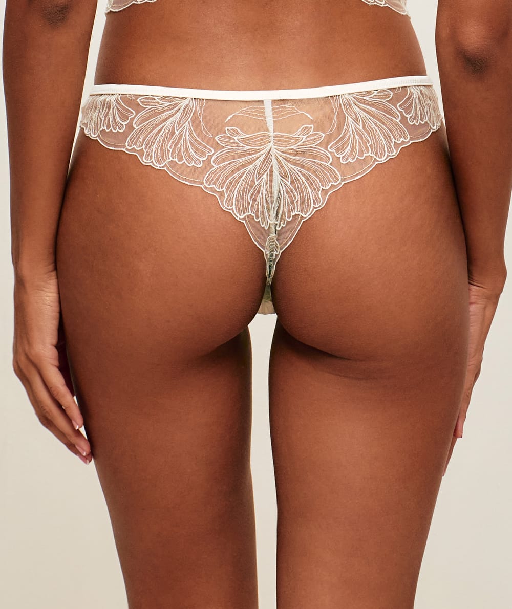 Mesh thong with floral embroidery;
