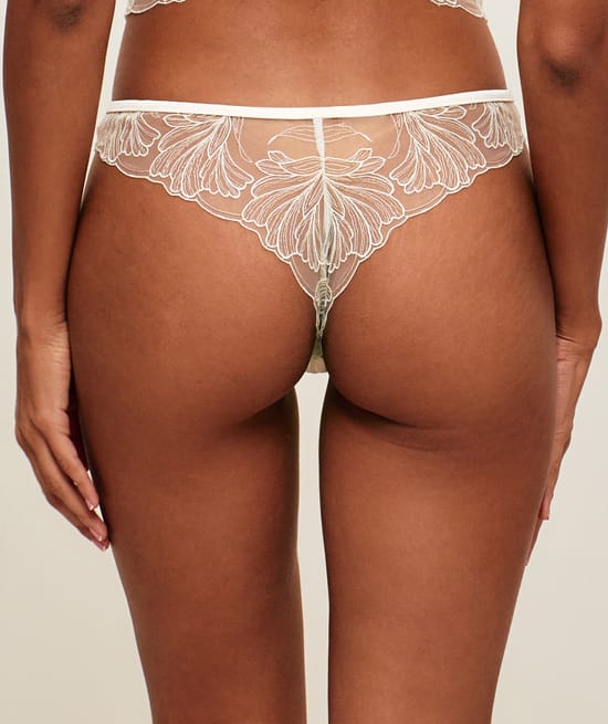 Mesh thong with floral embroidery;