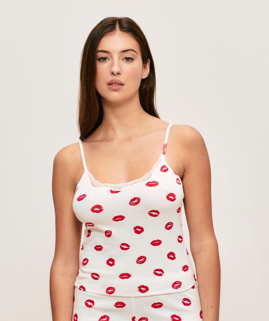 Jersey camisole with lip print;
