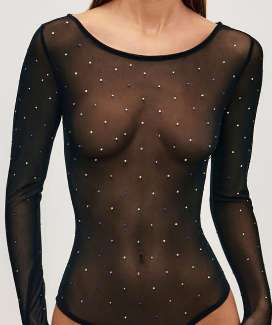Long sleeve mesh and rhinestone bodysuit;