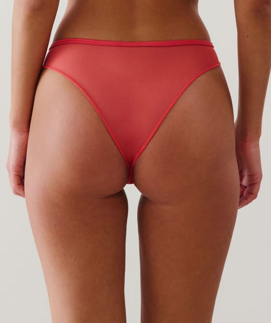 Floral embroidered mesh tanga briefs - pink;