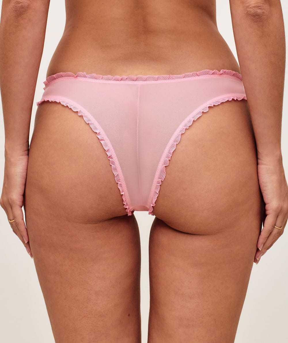 Tulle thong with peach embroidery;
