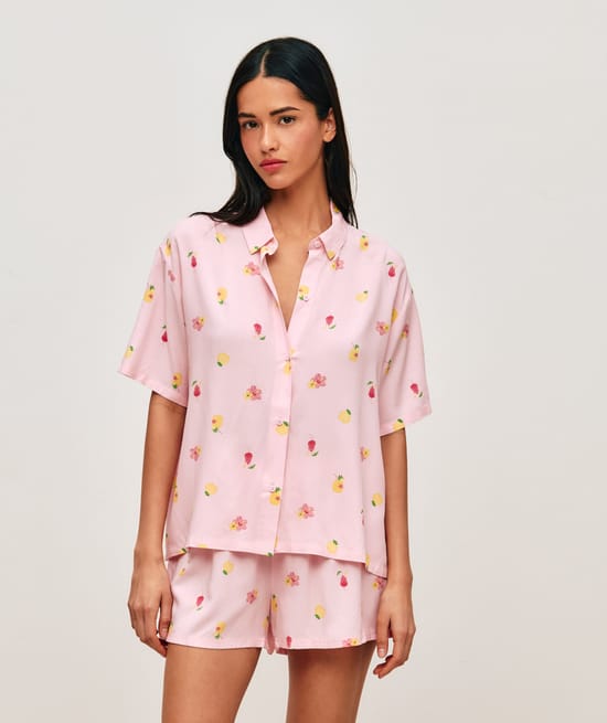 Shirt and shorts set with cocktail, flower, and lemon patterns;