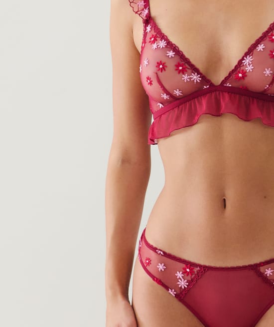 Triangle bra with embroidered floral patterns;