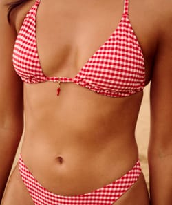 Triangle bikini top with textured gingham pattern and chili pendant;